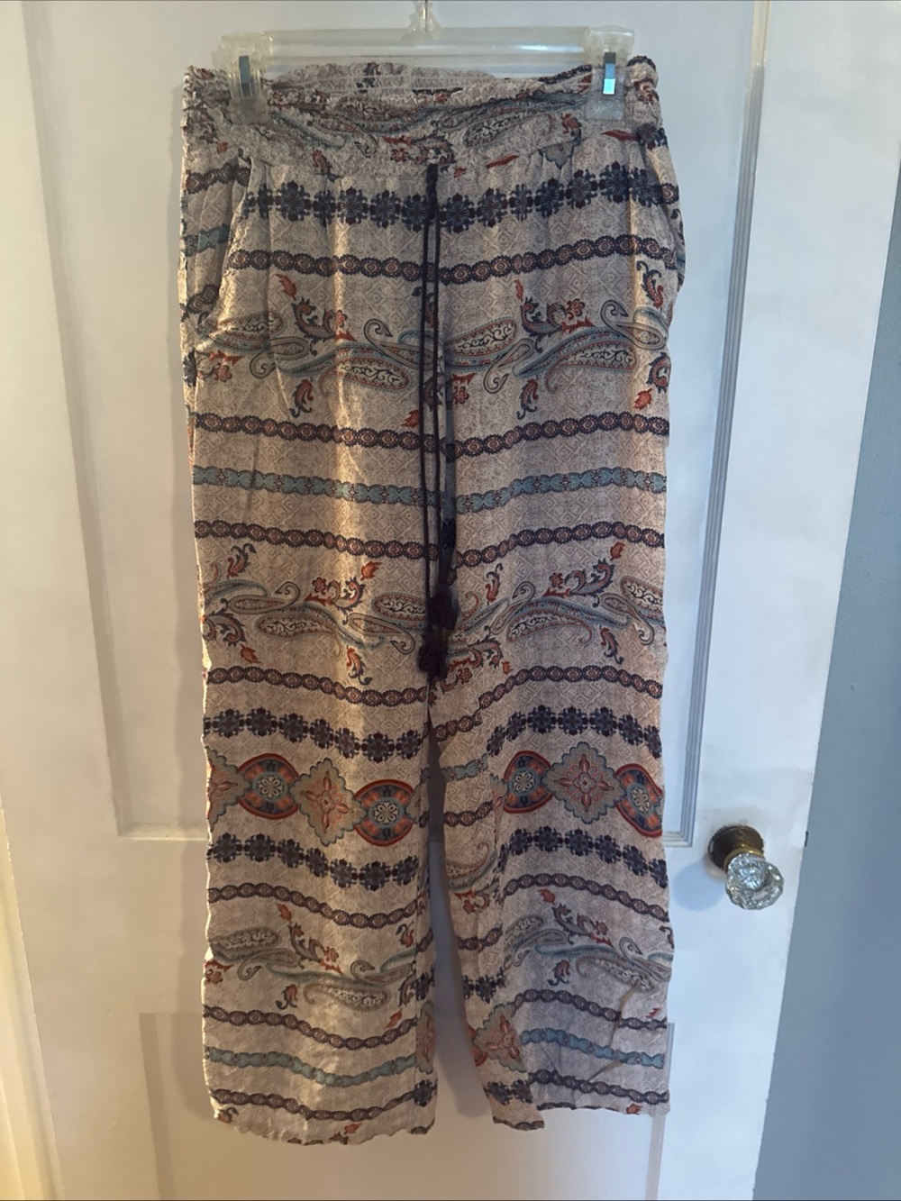 Boho Paisley Drawstring Lounge Pants in Cream & Blue